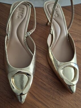 INC International Concepts Gold Metallic Pointed-Toe Slingback Heels